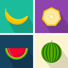 Banana and watermelon. Colorful flat design. Fruits with long shadow. Vector icons set