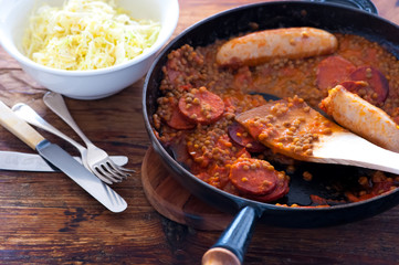 Fresh cooked meal with sausages