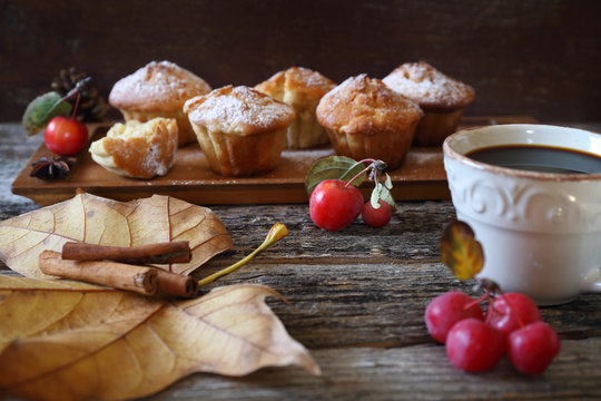 Autumn mood: apple muffins and coffee