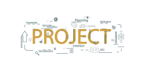 Vector creative illustration of project word lettering typography with line icons on white background. Business project concept. Thin line art style design for website, banner, poster