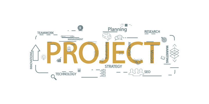 Vector creative illustration of project word lettering typography with line icons on white background. Business project concept. Thin line art style design for website, banner, poster