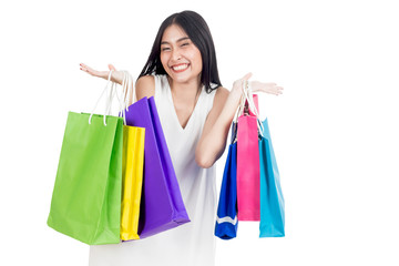 Fototapeta na wymiar Asian woman with shopping bags isolated on white background