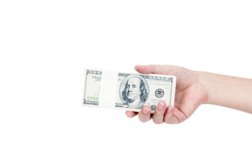 Hand holding US dollars bank isolated on white background