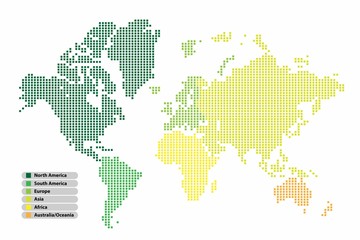 Obraz premium Pixel (Square) shape world map continent in Multicolor on white background, vector illustration.
