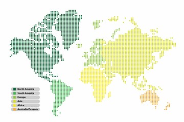 Pixel (Square) shape world map continent in Multicolor on white background, vector illustration.