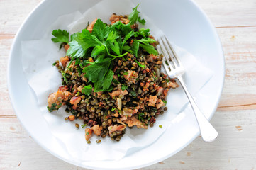 Fresh cooked meal with sausages and lentils - 167860663