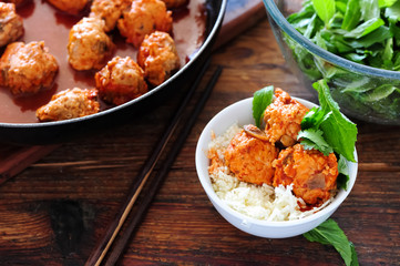 homemade meal with oriental meatballs