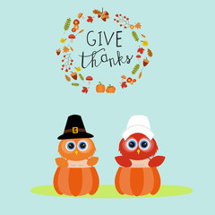 Happy Thanks giving vector owls pilgrims in the pumpkins hand lerttering fonts. illustration EPS10.