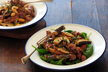 Fresh cooked meal with sausages, mushies
