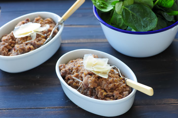 Fresh cooked meal with sausages and lentil, risotto