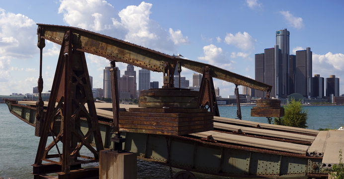 Panoramic View Of Detroit City Skyline Taken At Daylight From Windsor, Ontario