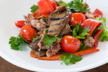 Fresh cooked meal with sausages, ratatouille