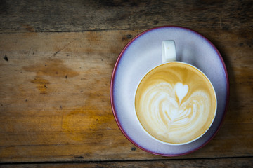 Top view of white coffee cup on wooden table for business and relaxing