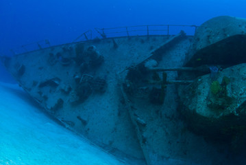 A shot of the sunken shipwreck of the captain keith tibbetts on little cayman. This old russian...