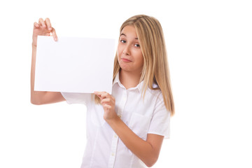 playful teen girl in white shirt holding a white communication board,isolated