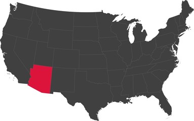 Map of the United States of America split into individual states. Highlighted state of Arizona.