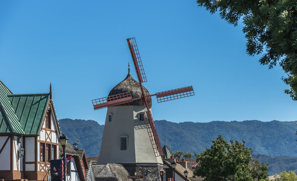 Danish windmill houses in a tourist town in California