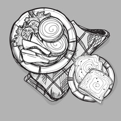 food breakfast bread ham set drawing graphic illustrate objects