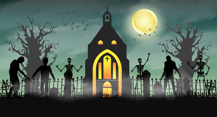 halloween scary zombie in graveyard with church