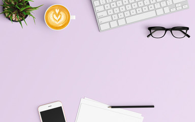 Modern workspace with coffee cup, smartphone, tablet, paper, keyboard and notebook copy space on purple color background. Top view. Flat lay style.
