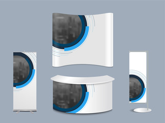 Advertising exhibition stand design with promotional elements in corporate identity style isolated vector illustration