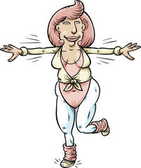 A cartoon woman in retro 1980s style workout outfit doing aerobics.