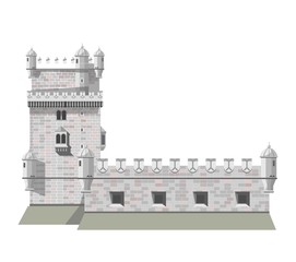 Antique brick European castle with tall tower isolated illustration