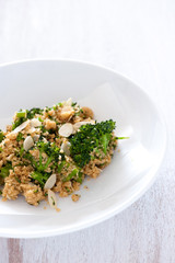 Homemade salad with broccoli and meat, balanced meal