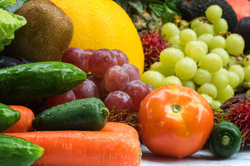 Naklejka na ściany i meble Fresh fruits and vegetables after washed