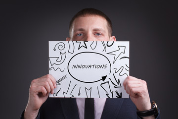 The concept of business, technology, the Internet and the network. Young businessman showing inscription: Innovations