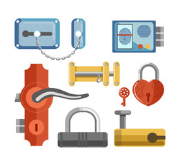 Metal locks for permises protection isolated illustrations set