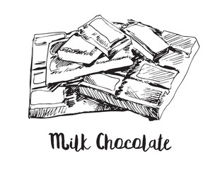 Vector image of pieces of delicious milk chocolate. Hand drawing.
