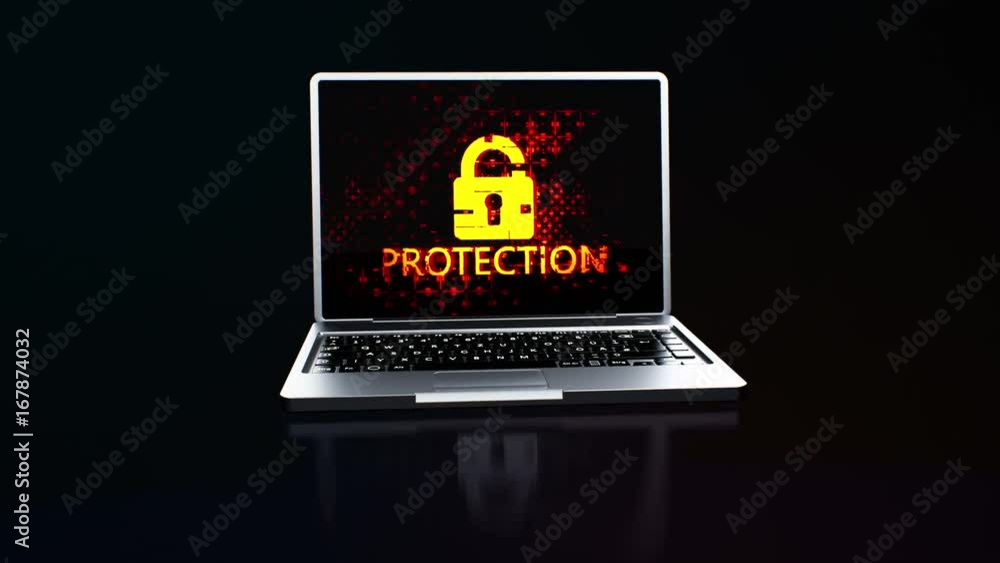 Poster digitally animated laptop with protection sign and padlock symbol on screen in virtual space