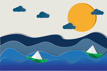 Paper cut in summer ocean concept. In the ocean there are two ships are cruising through the waves at sunset in paper cut effect background ESP10.
