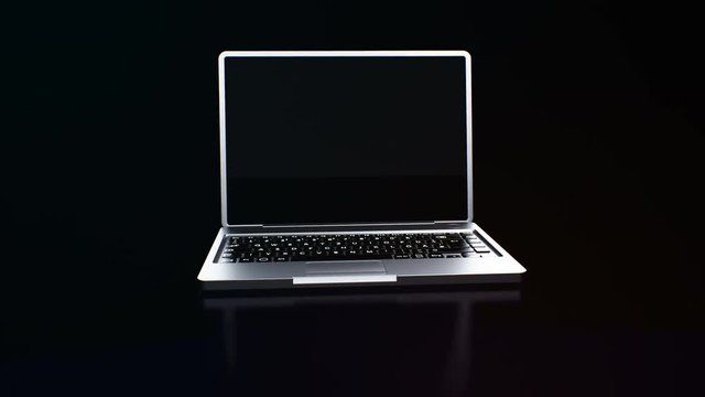 Animated futuristic background with laptop opening on illuminated surface against black background