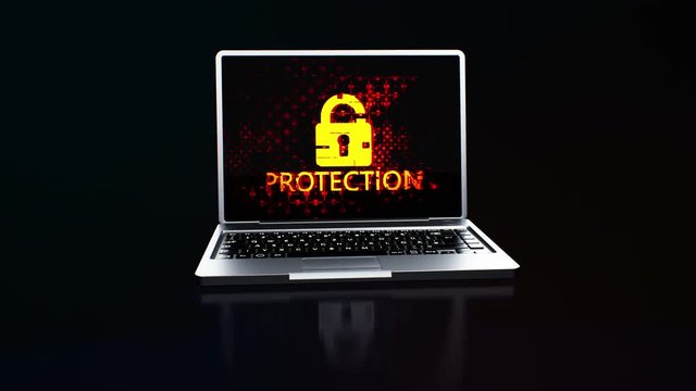 Digitally animated laptop with protection sign and padlock symbol on screen in virtual space