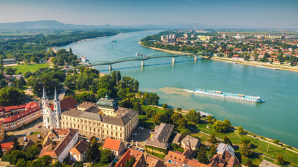 View of the Hungarian historic town from the basilica in Esztergom, the Danube river and the border...
