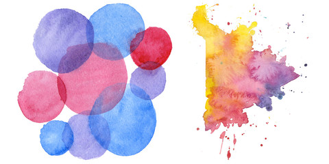 Watercolor colorful texture illustration. Aquarelle paper splash shapes isolated drawing.Abstract aquarelle for background, texture, wrapper pattern, frame or border.