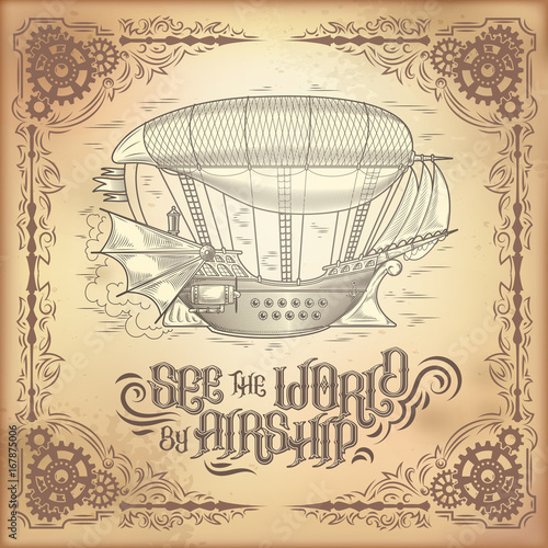 vector steampunk poster illustration of a fantastic wooden flying