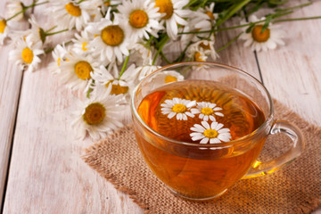 Herbal tea with fresh chamomile flowers on white wooden background