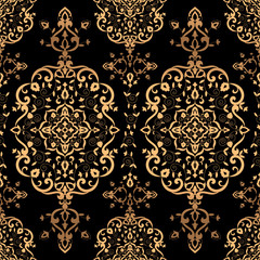Luxury background design pattern vector seamless. Golden vintage art deco ornament. Royal indian print. Design for wedding, wallpaper, yoga, bridal fashion, beauty spa salon or holiday party card.