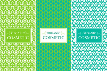 Cosmetic Packaging set design template vector. Green collection of seamless patterns for eco beauty label. Tag for organic spa products, body lotion, soap, essential oil, natural shampoo or cream.