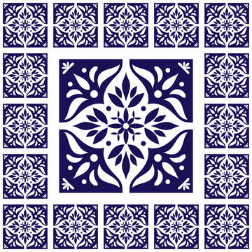 Tiles floor - vintage pattern vector with ceramic cement tiles. Big tile in center is framed in small. Background with portuguese azulejo, mexican, spanish, arabic, moorish ceramics motifs.
