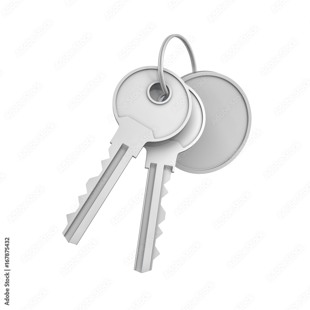 Aufkleber 3d rendering of two isolated silver keys on a key ring with a blank round medal behind.