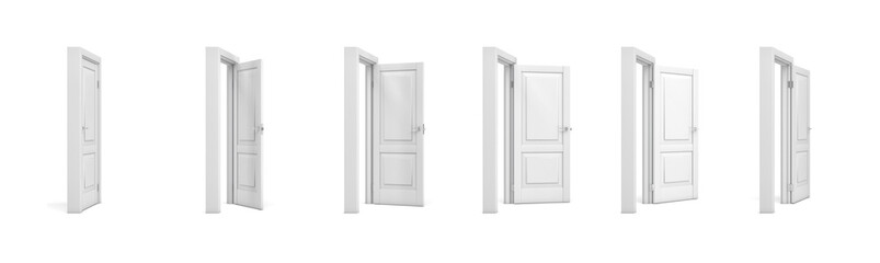 3d rendering set of white wooden doors in different stages of opening.