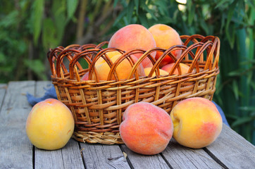 Sweet, honey peaches. Fresh fruit on a wooden table.