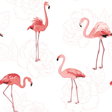 Exotic pink flamingo birds. Rose flowers bloom blossom outline background. Seamless pattern texture. Tender romantic love wedding theme. Vector design illustration.