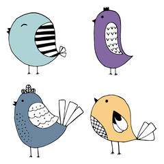 Cute hand drawn collection of birds doodle design isolated on white.