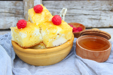 Sweet curd casserole and honey raspberry. sweet Honey.