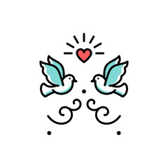 Wedding doves Love birds icons. Wedding couple signs, Valentines day line symbols, Vector flat illustration